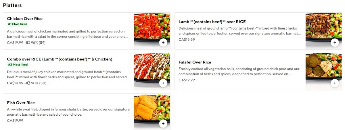 Menu, Shah's Halal Food