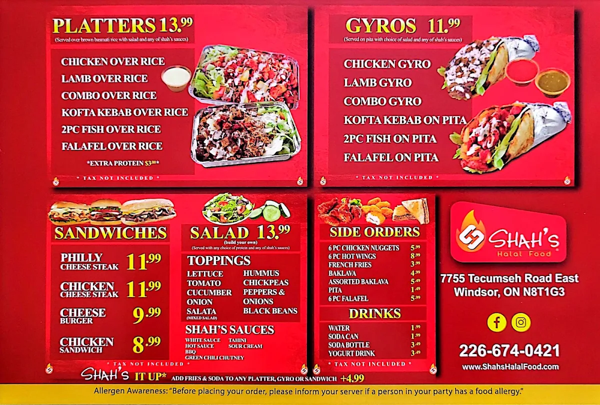 Menu, Shah's Halal Food