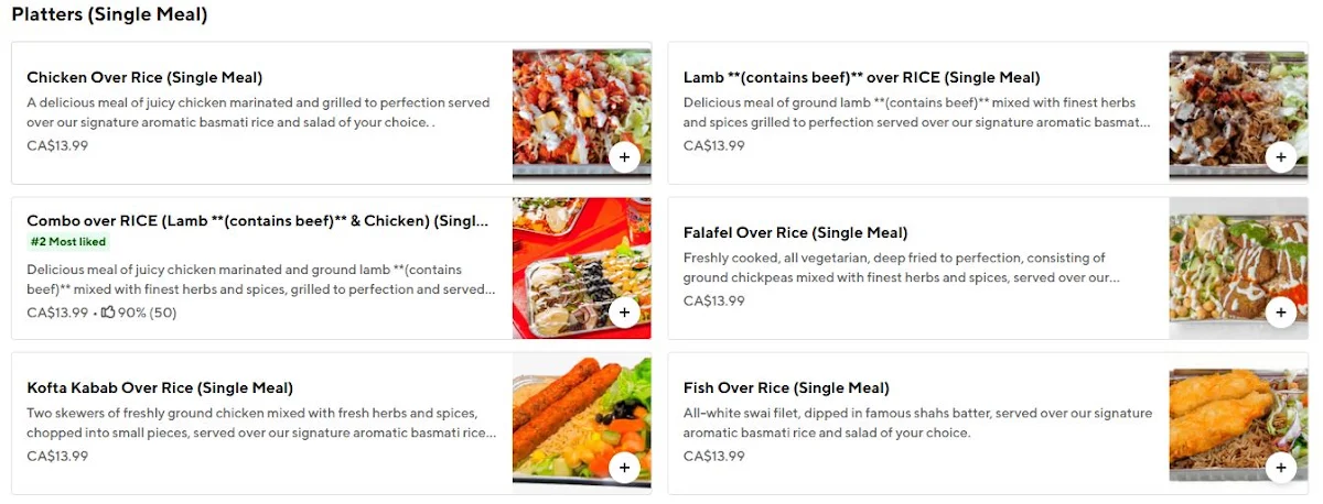 Menu, Shah's Halal Food