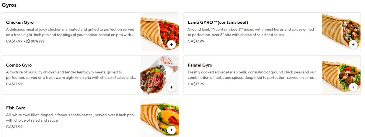 Menu, Shah's Halal Food
