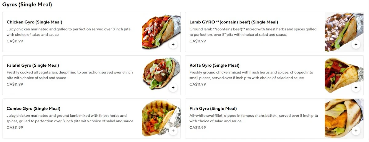 Menu, Shah's Halal Food