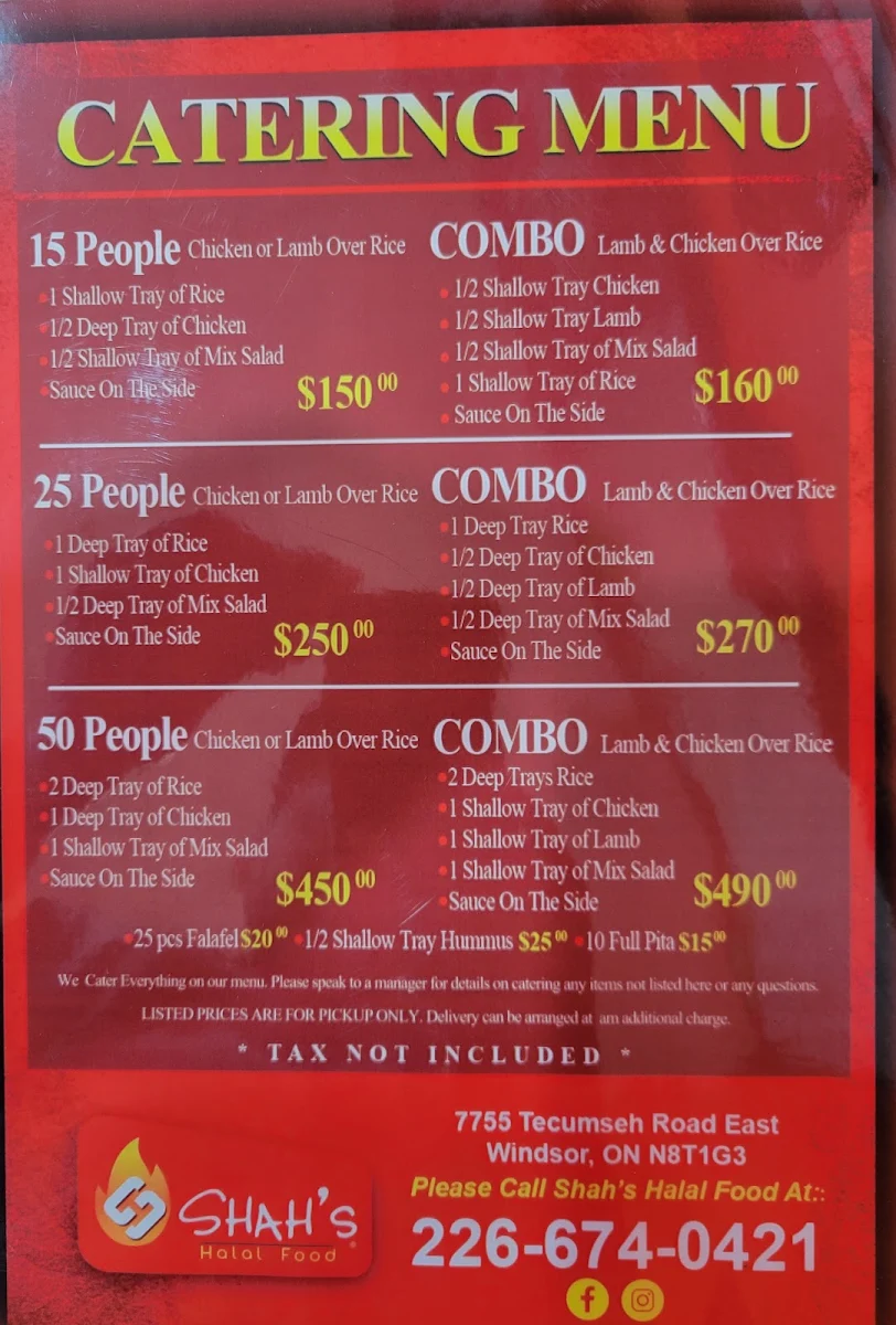 Menu, Shah's Halal Food