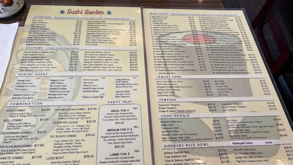 Menu, Sushi Garden Metro