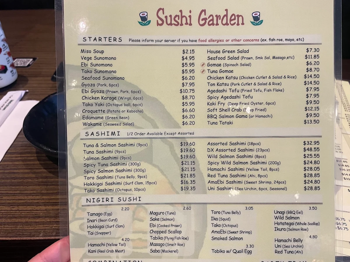 Menu, Sushi Garden Metro