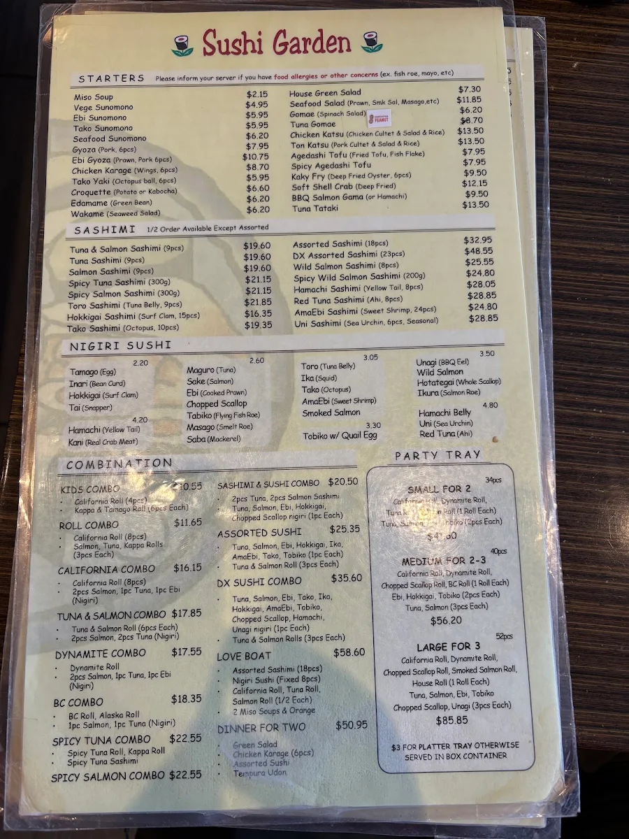 Menu, Sushi Garden Metro