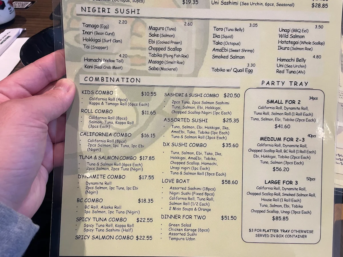 Menu, Sushi Garden Metro