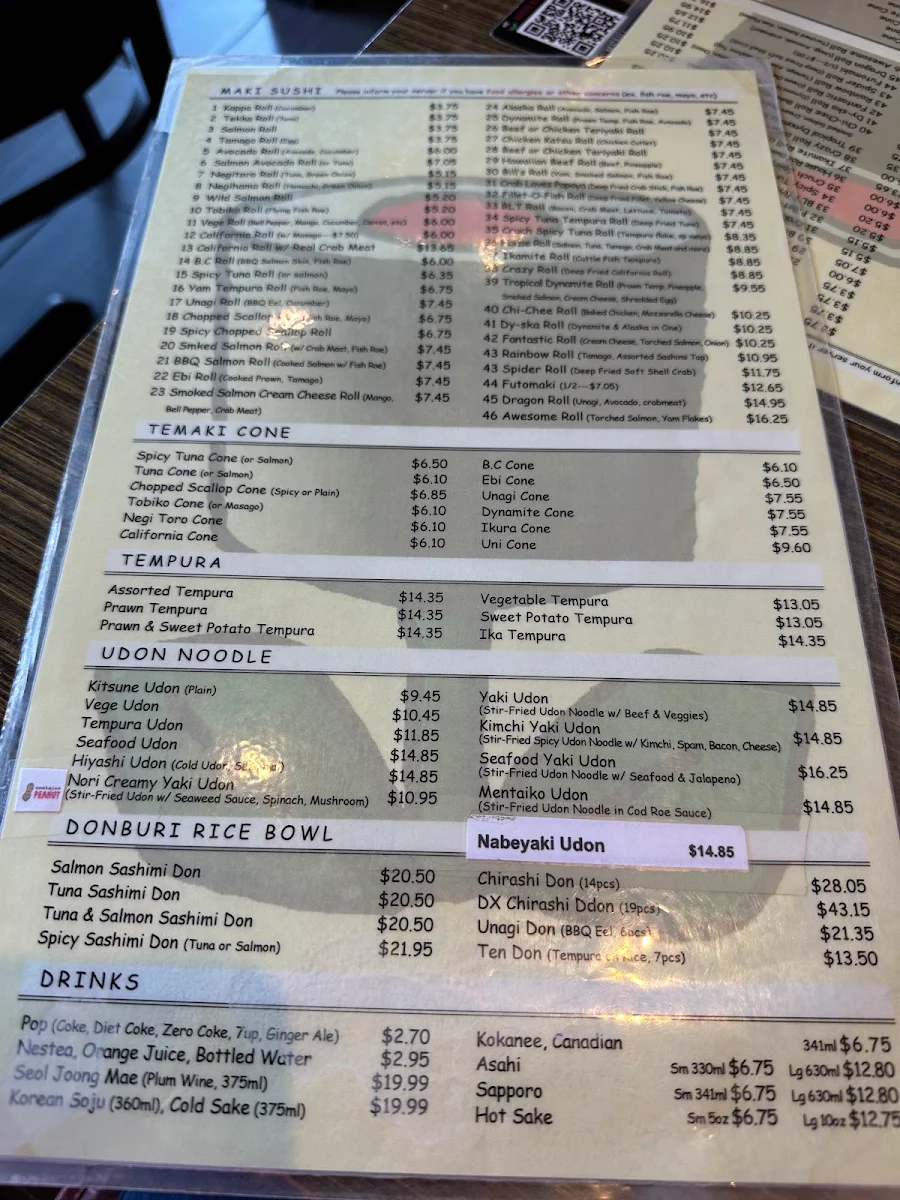Menu, Sushi Garden Metro