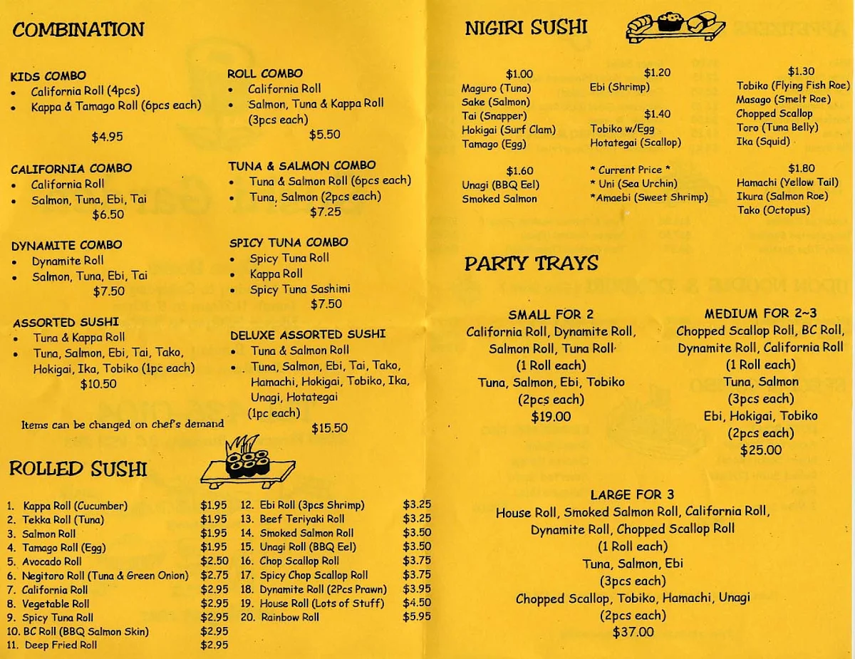 Menu, Sushi Garden Metro