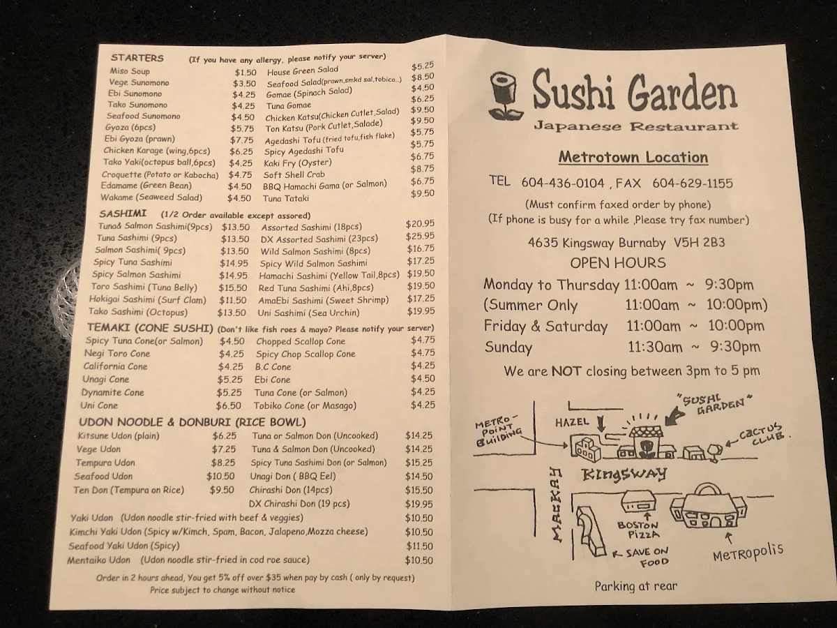 Menu, Sushi Garden Metro