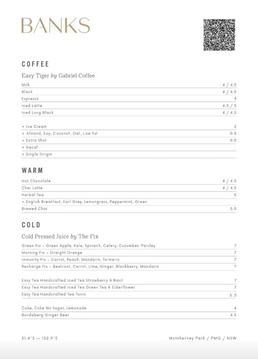 Menu, Banks