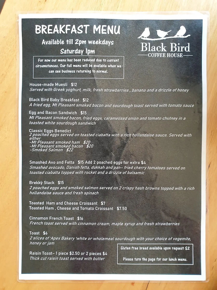Menu, Black Bird Coffee House