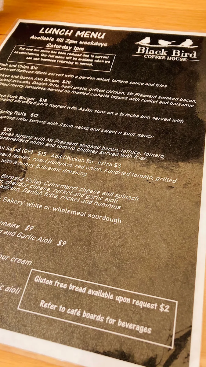 Menu, Black Bird Coffee House