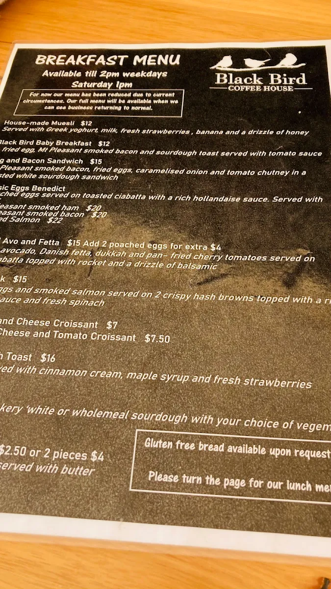 Menu, Black Bird Coffee House