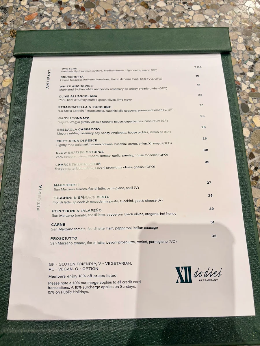 Menu, Dodici Italian Restaurant | Chatswood