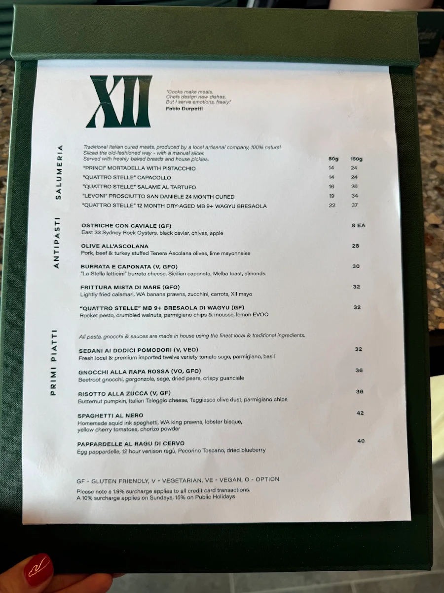 Menu, Dodici Italian Restaurant | Chatswood
