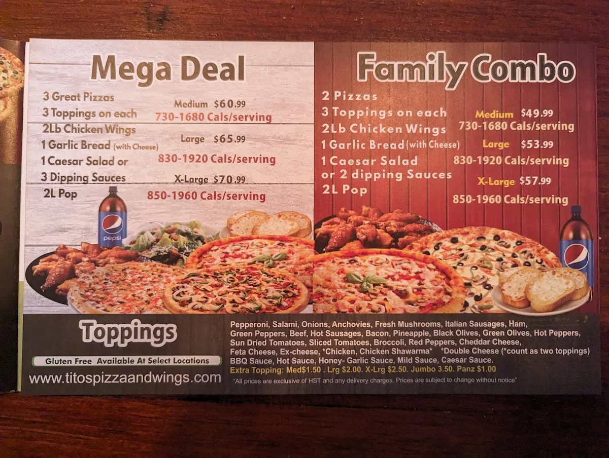Menu, Titos Pizza