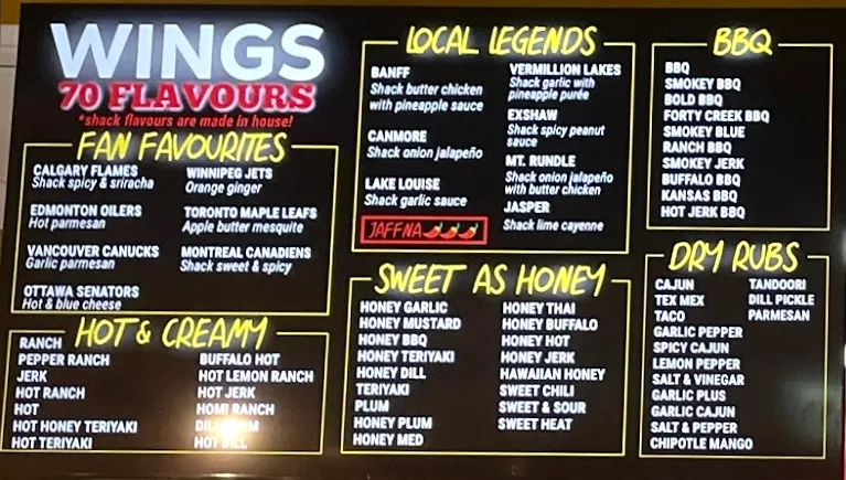 Menu, Alberta Wing Shack Canmore