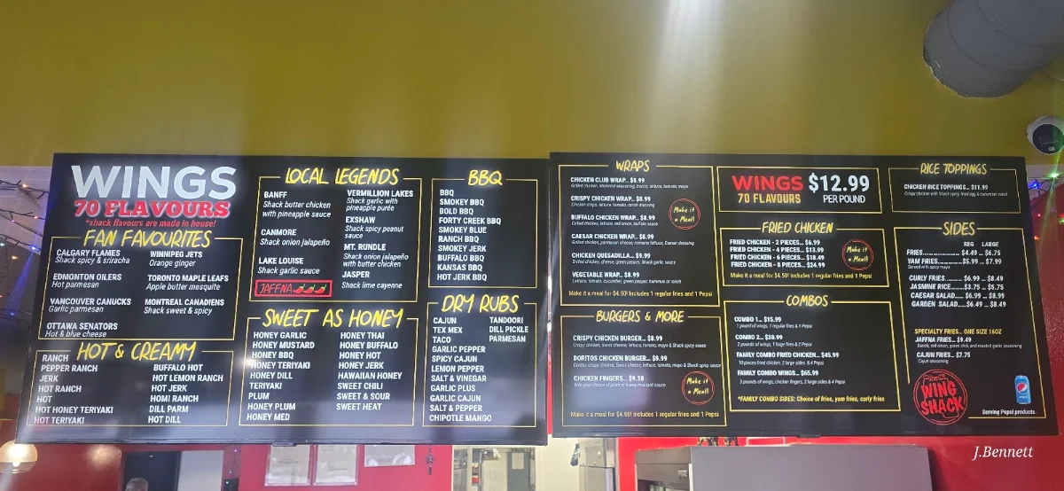 Menu, Alberta Wing Shack Canmore