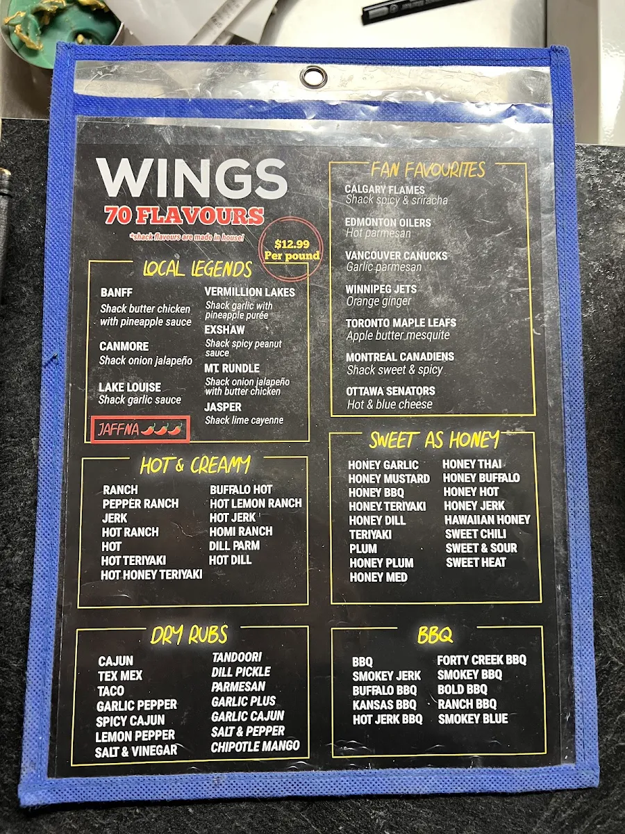 Menu, Alberta Wing Shack Canmore