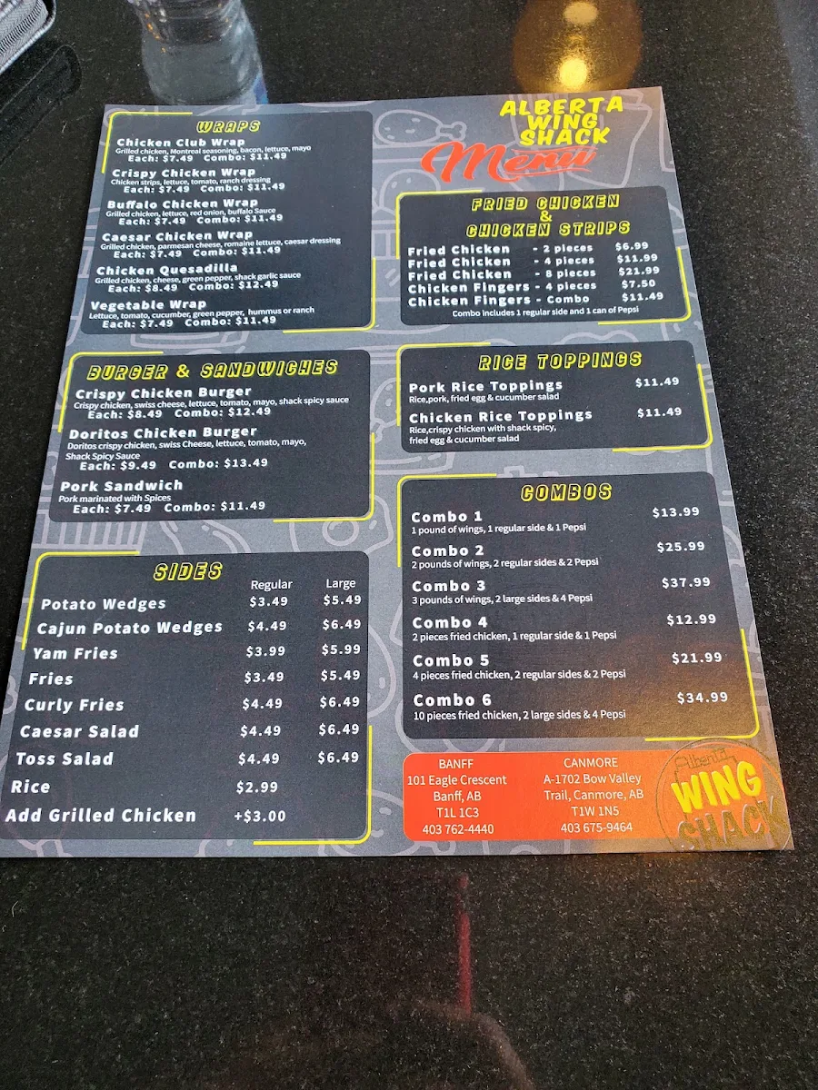 Menu, Alberta Wing Shack Canmore