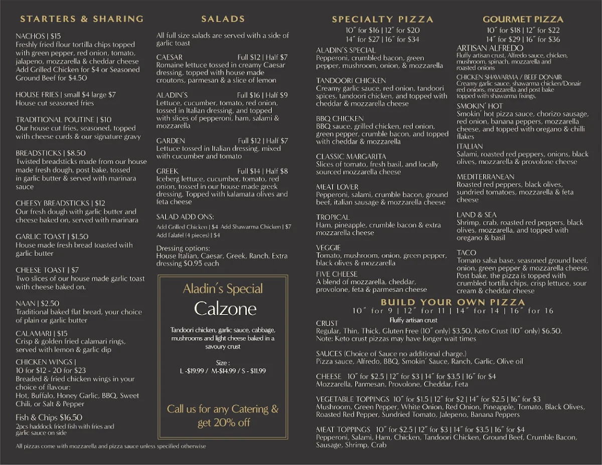 Menu, Aladins Pizzeria & Shawarma Café