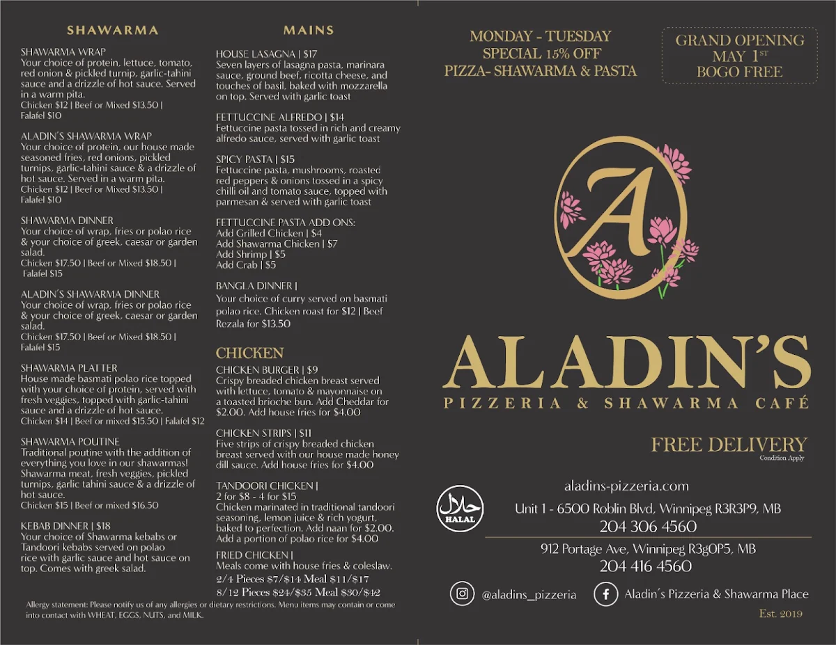 Menu, Aladins Pizzeria & Shawarma Café