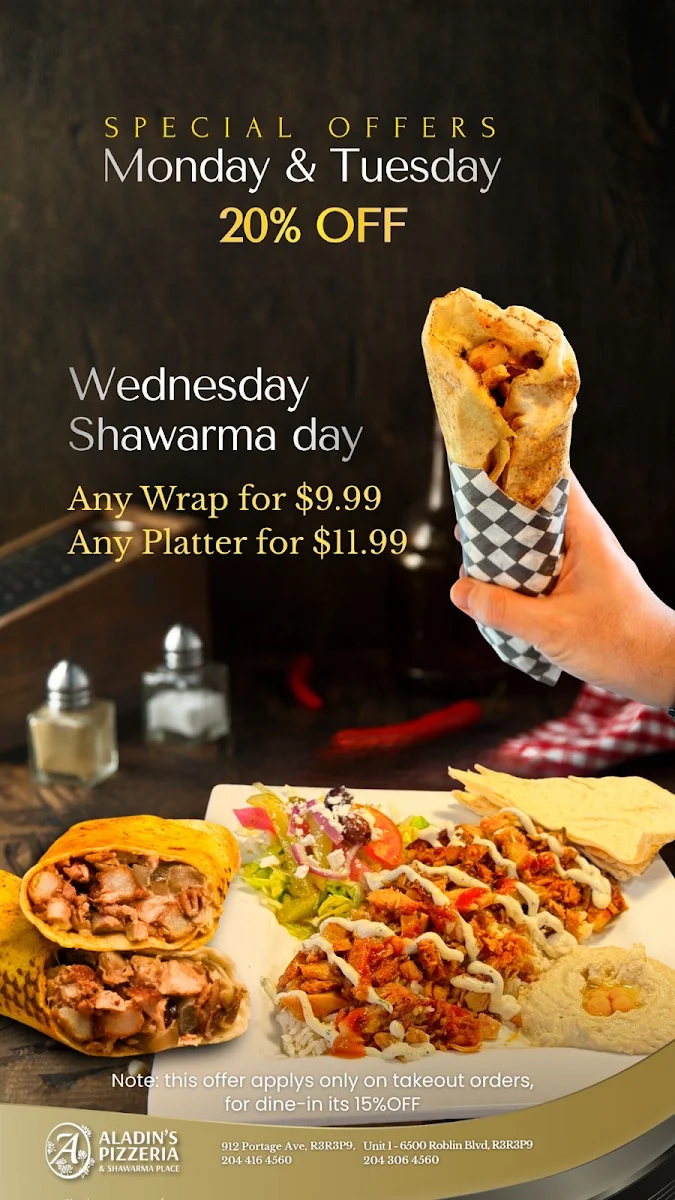 Menu, Aladins Pizzeria & Shawarma Café
