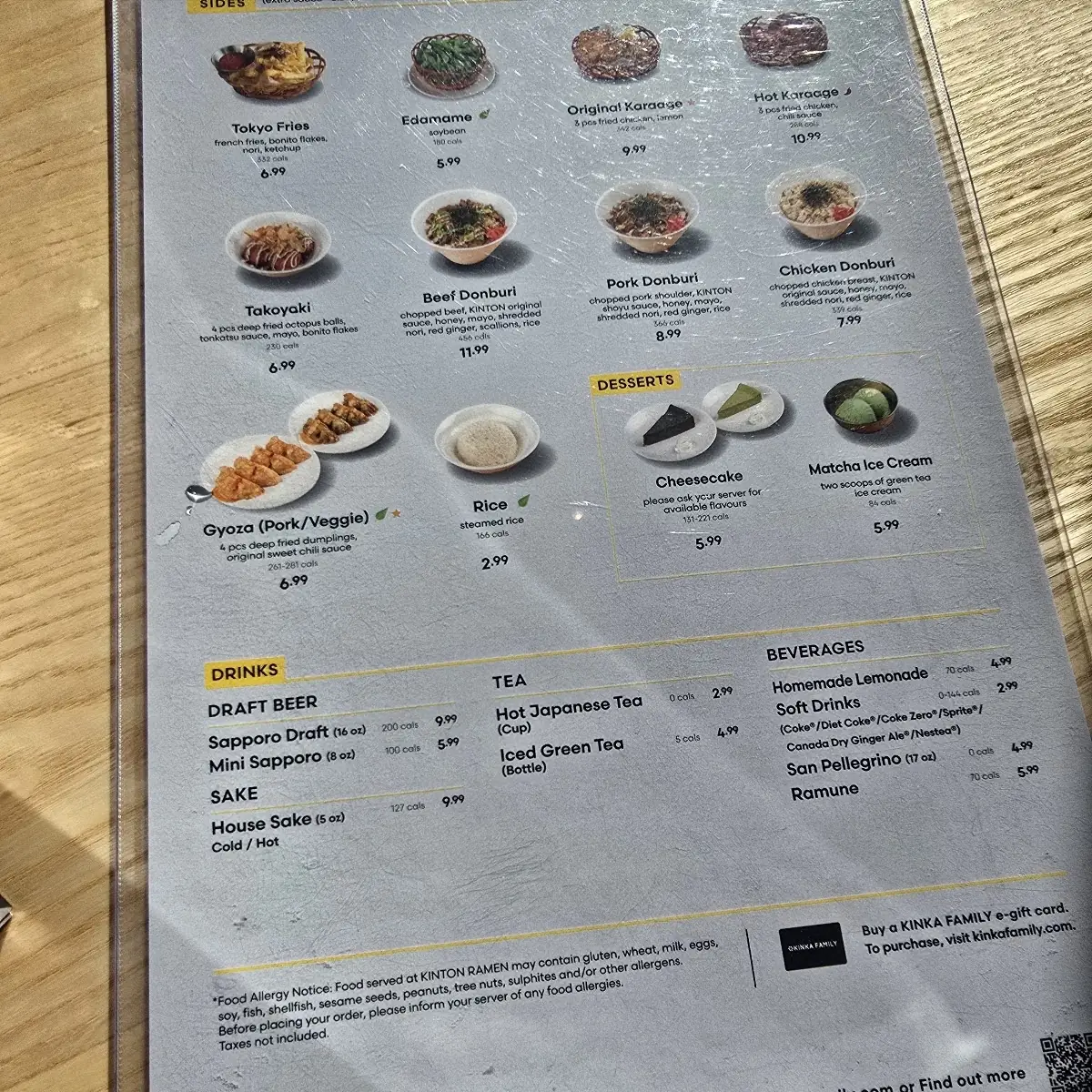 Menu, KINTON RAMEN WINDSOR