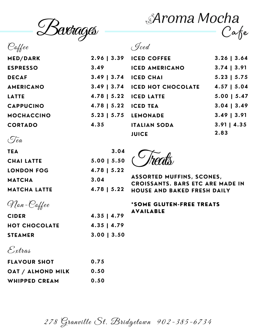 Menu, Aroma Mocha Cafe