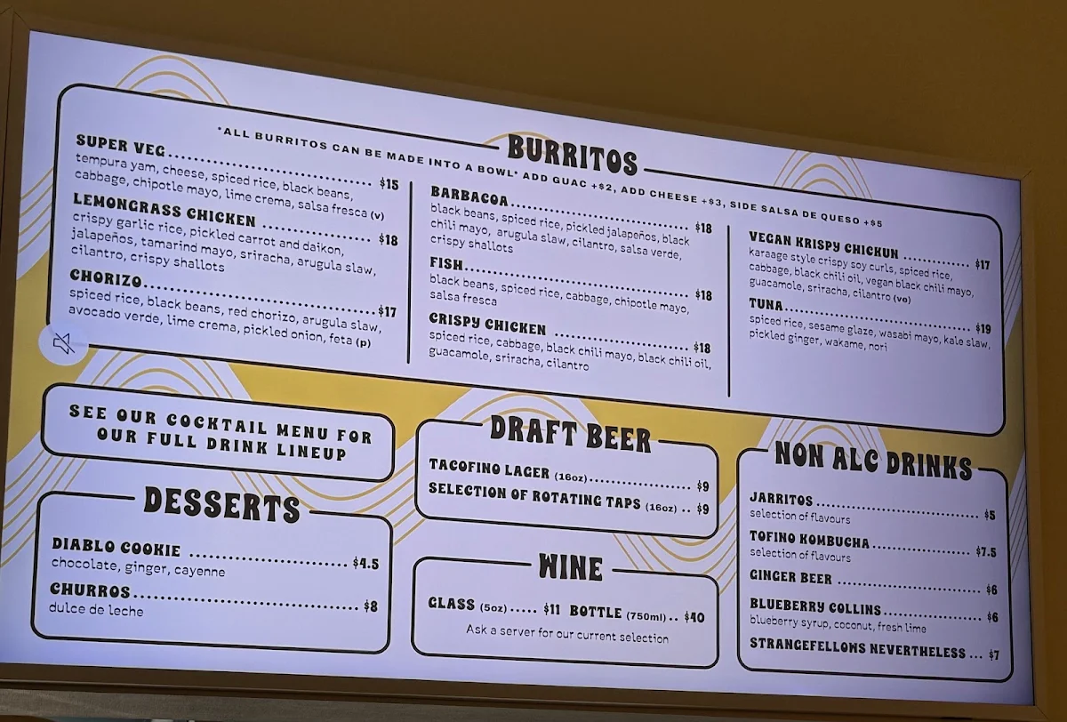 Menu, Tacofino White Rock