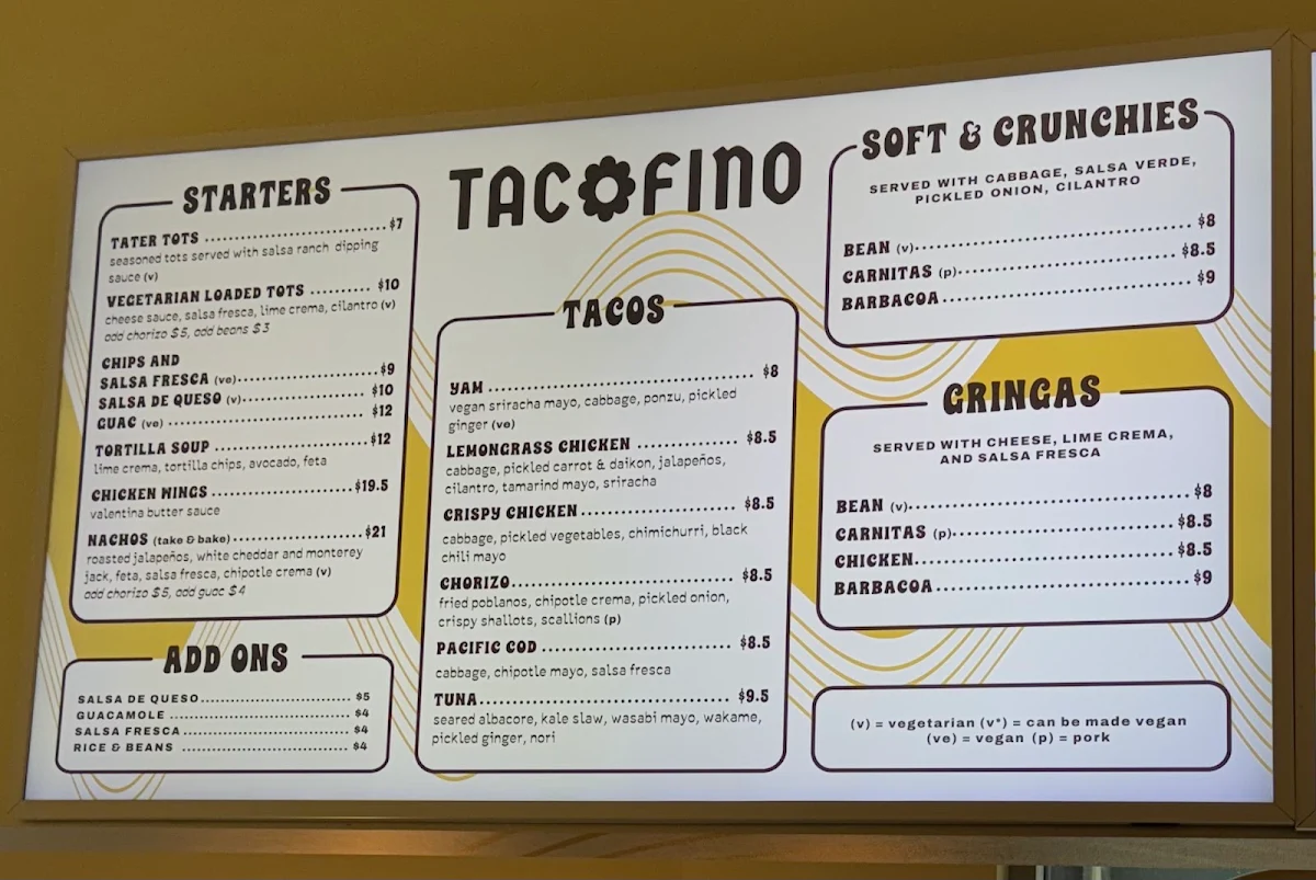 Menu, Tacofino White Rock