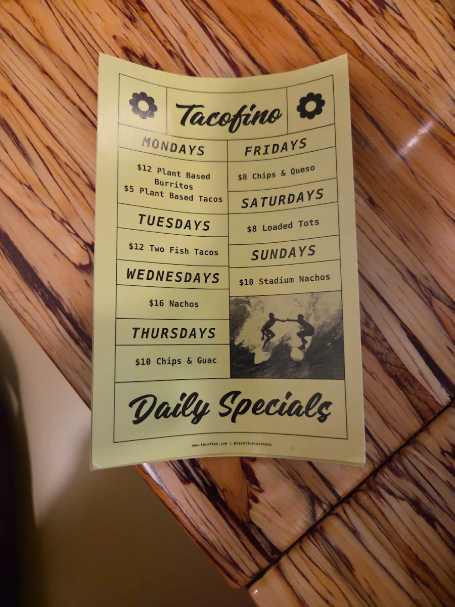 Menu, Tacofino White Rock