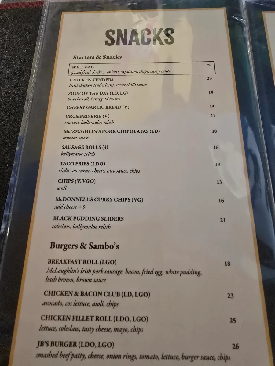 Menu, J.B. O'Reilly's