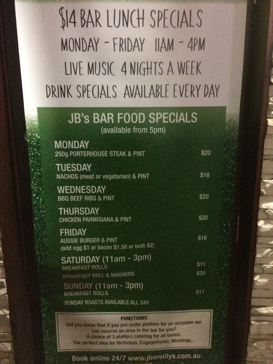 Menu, J.B. O'Reilly's