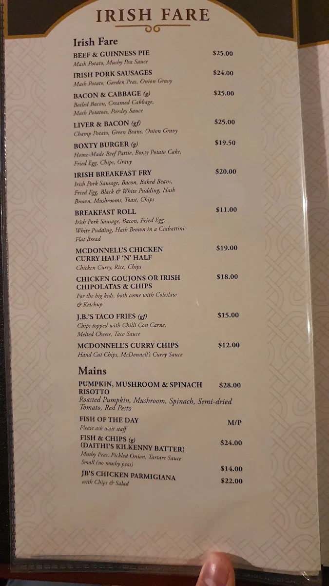 Menu, J.B. O'Reilly's