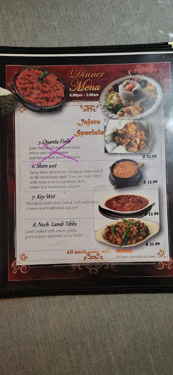 Menu, Zembaba 3 Somali, Ethiopian Food Restaurant.