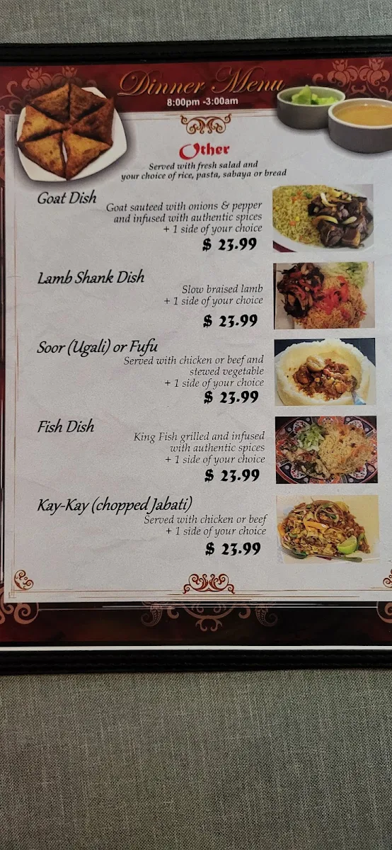 Menu, Zembaba 3 Somali, Ethiopian Food Restaurant.