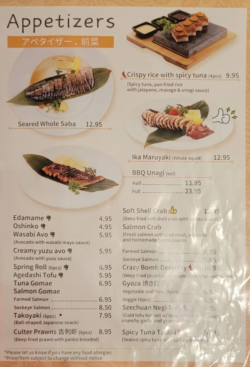 Menu, Shen Sushi