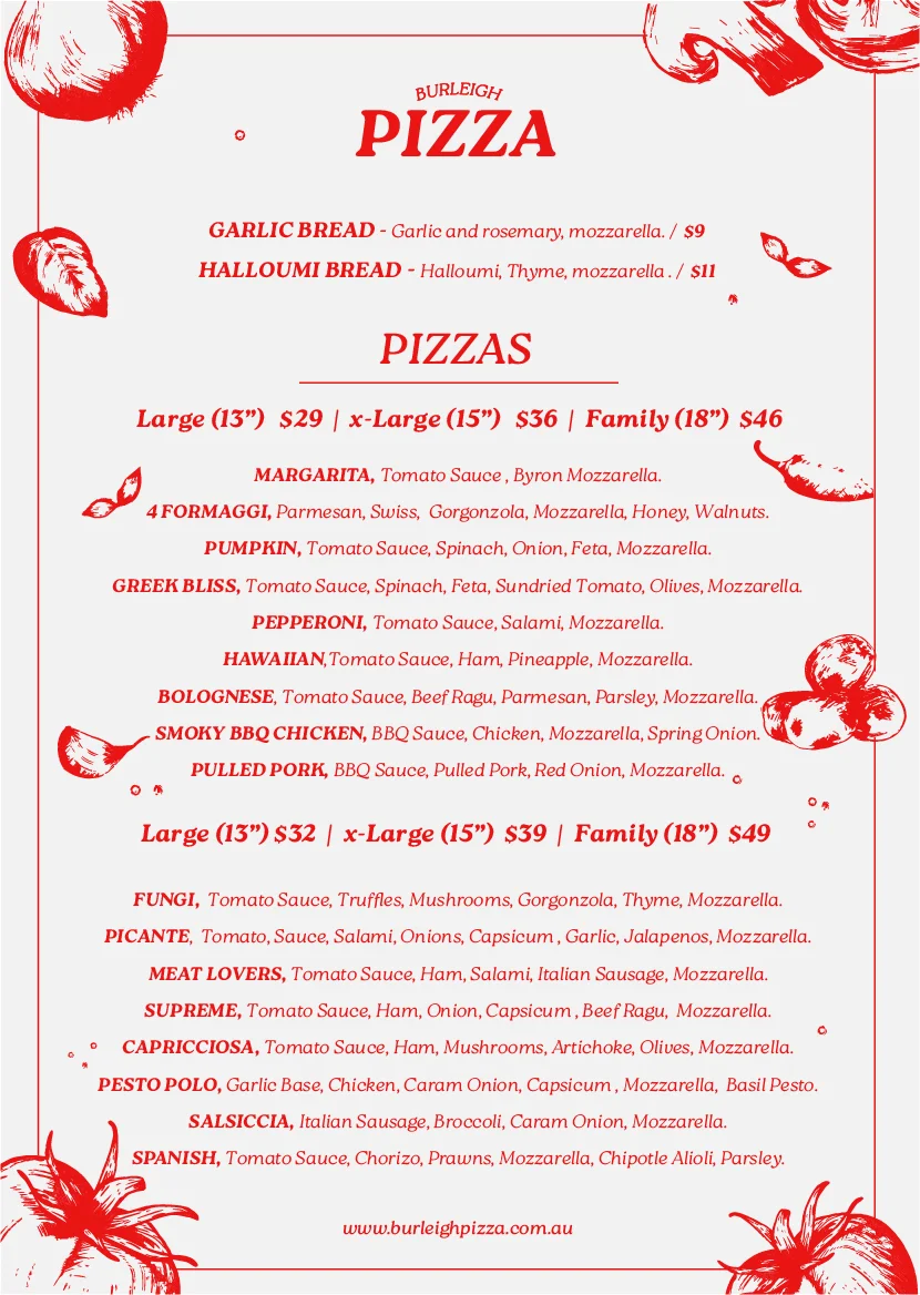 Menu, Burleigh Pizza