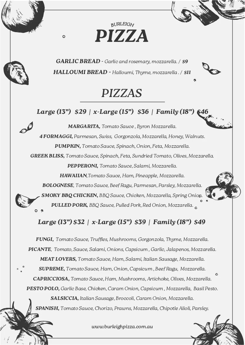 Menu, Burleigh Pizza