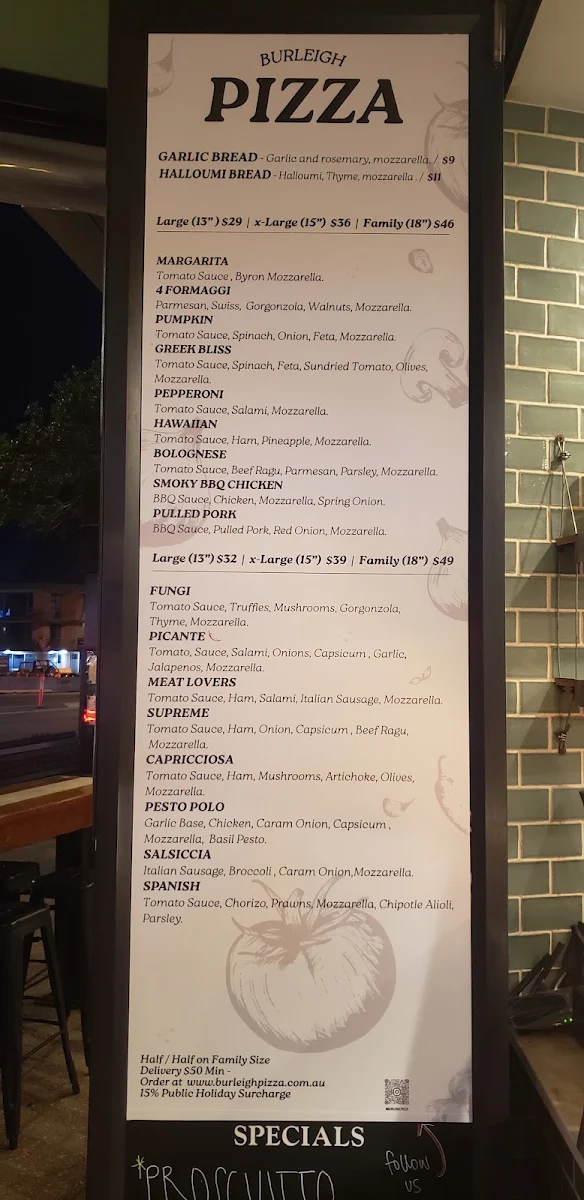 Menu, Burleigh Pizza