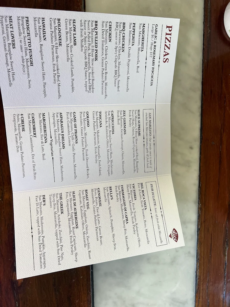 Menu, Burleigh Pizza