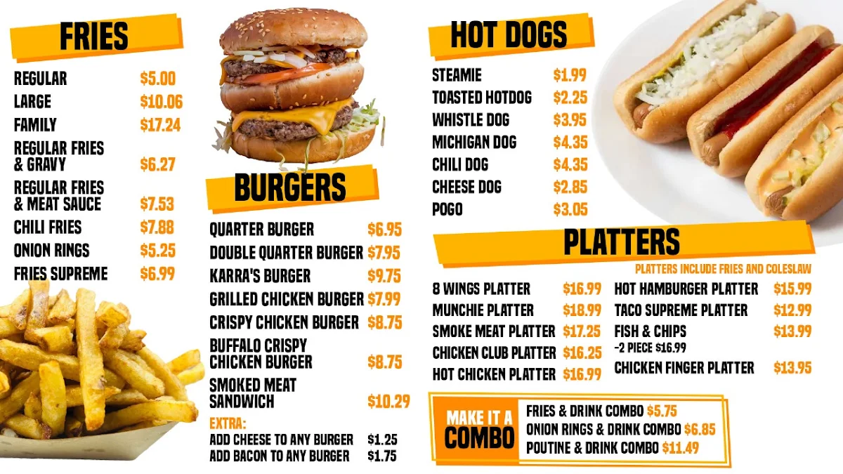 Menu, Karra's Burgers & Fries Morrisburg