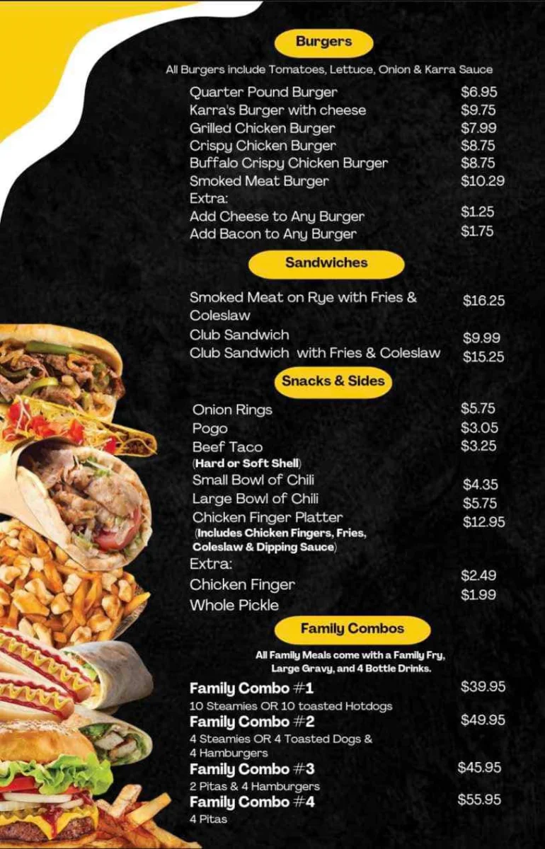 Menu, Karra's Burgers & Fries Morrisburg