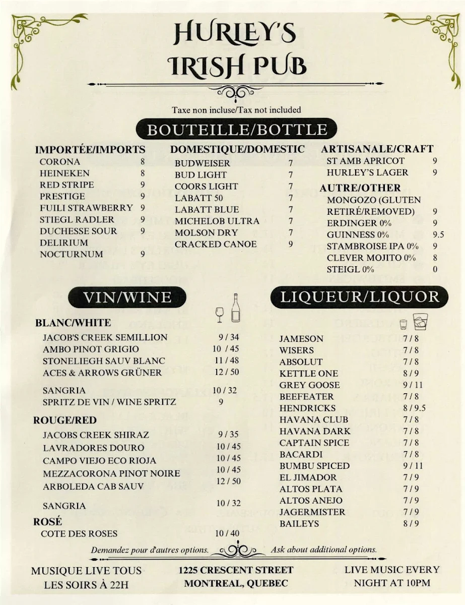 Menu, Hurley's Irish Pub