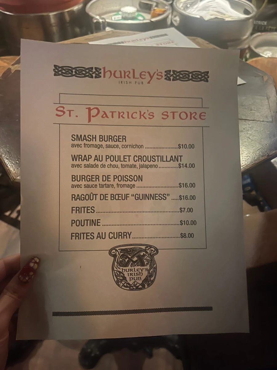 Menu, Hurley's Irish Pub
