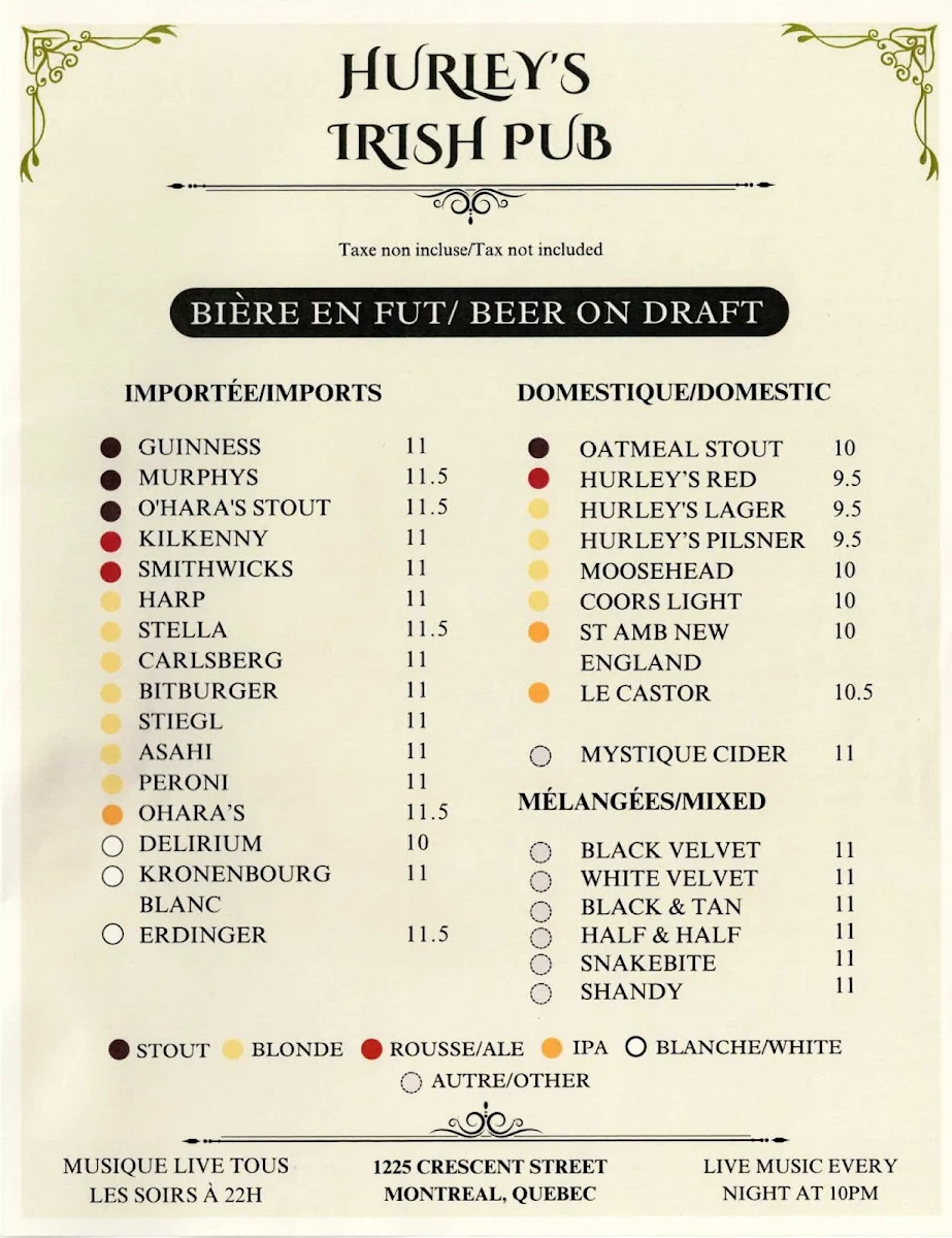Menu, Hurley's Irish Pub