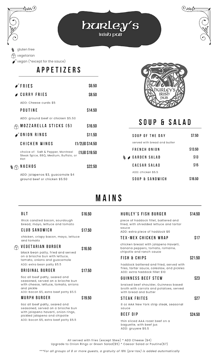 Menu, Hurley's Irish Pub