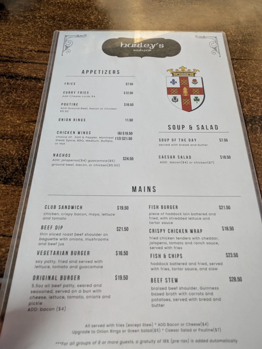 Menu, Hurley's Irish Pub