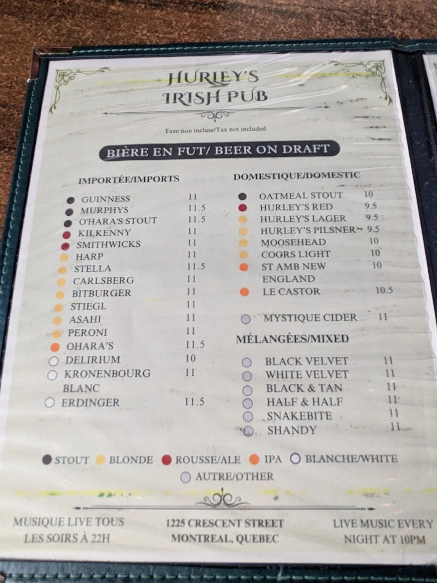 Menu, Hurley's Irish Pub